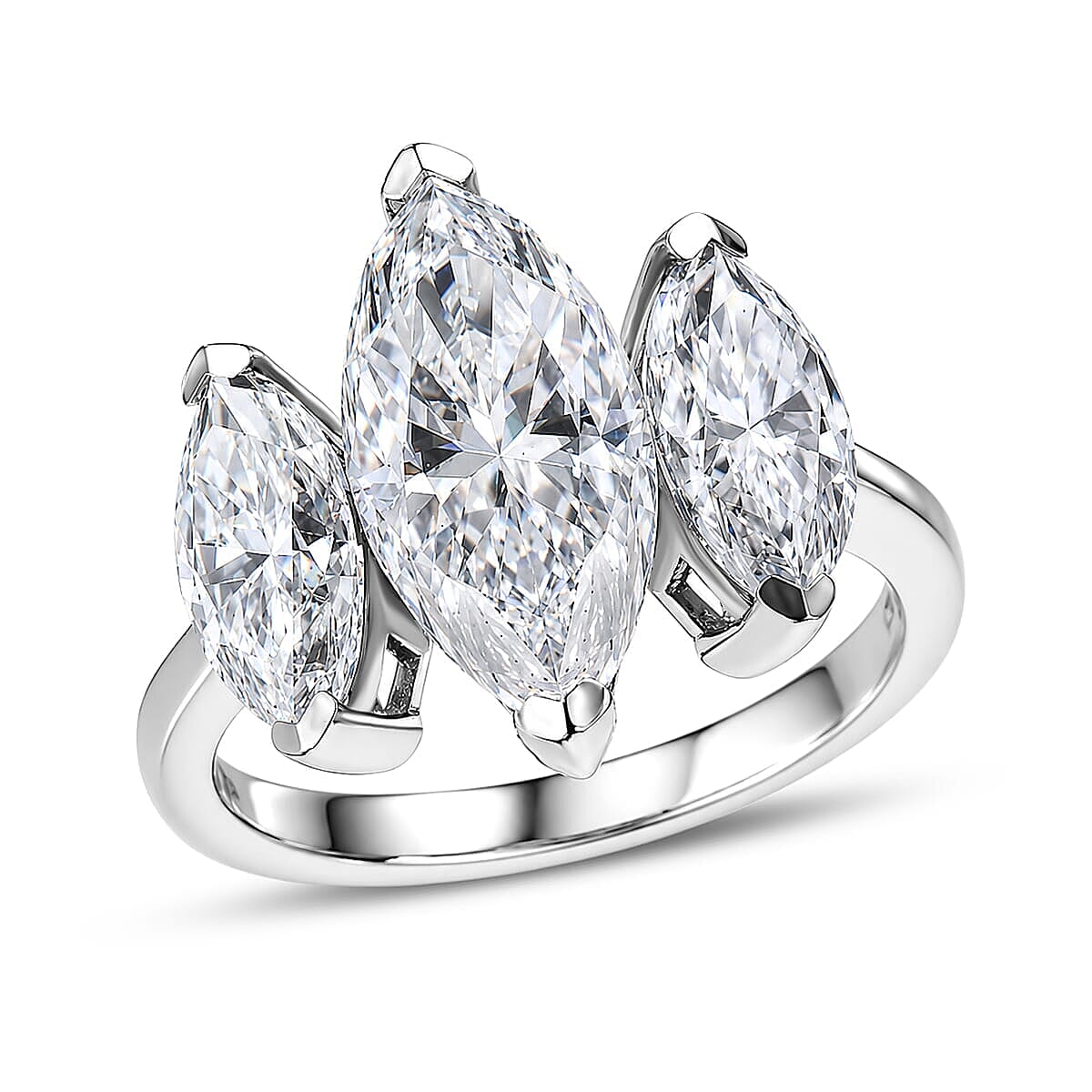 D'Joy Moissanite 4.65 ctw 3 Stone Ring in Rhodium Over Sterling Silver (Size 6.0)