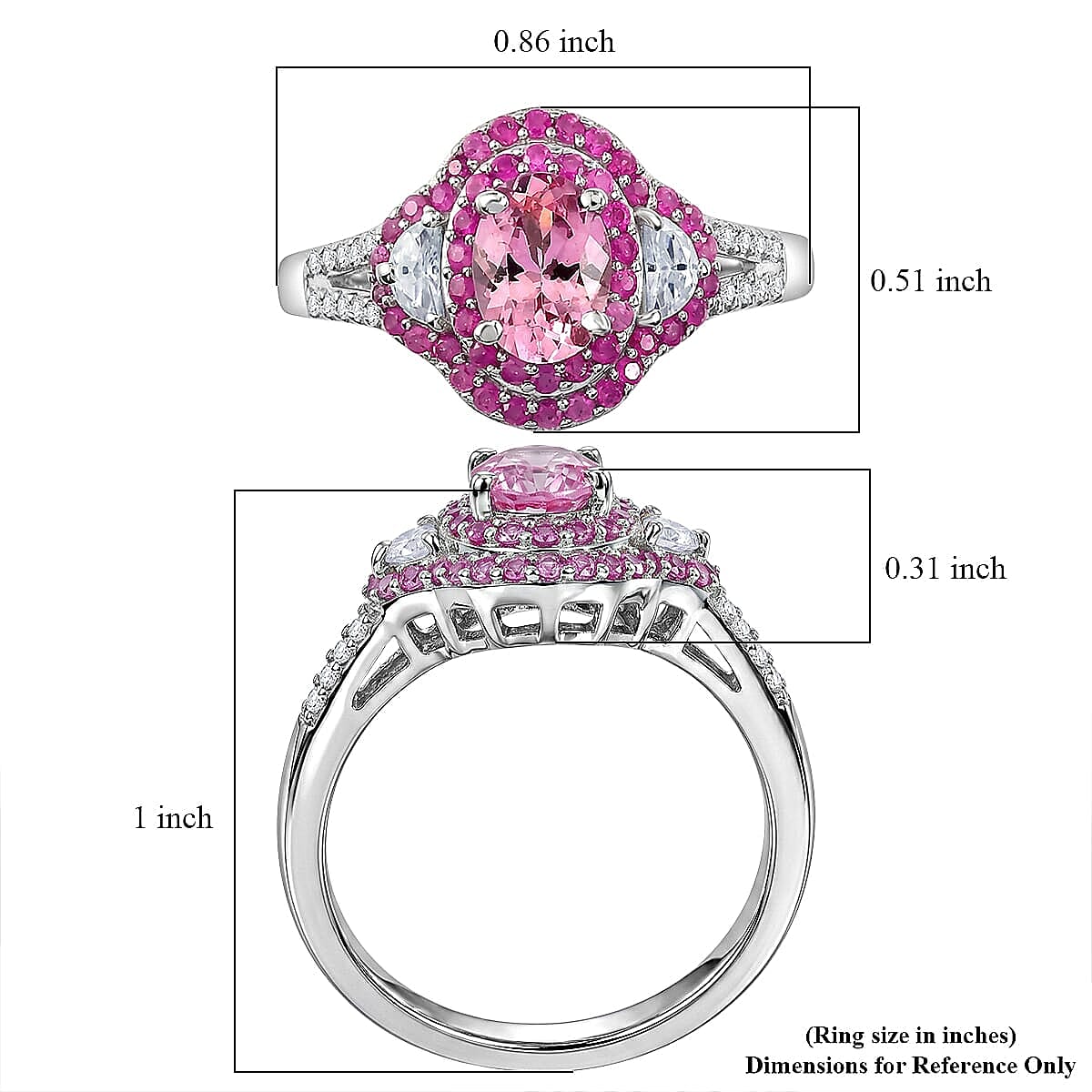 D'Joy Premium Narsipatnam Pink Spinel and Multi Gemstone 3.10 ctw Ring in Rhodium Over Sterling Silver (Size 6.0)