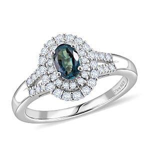 D'Joy Monte Belo Indicolite and Moissanite 1.00 ctw Sea Crown Ring in Rhodium Over Sterling Silver (Size 10.0)