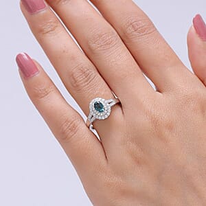 D'Joy Monte Belo Indicolite and Moissanite 1.00 ctw Sea Crown Ring in Rhodium Over Sterling Silver (Size 10.0)