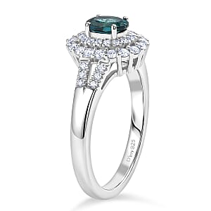D'Joy Monte Belo Indicolite and Moissanite 1.00 ctw Sea Crown Ring in Rhodium Over Sterling Silver (Size 10.0)