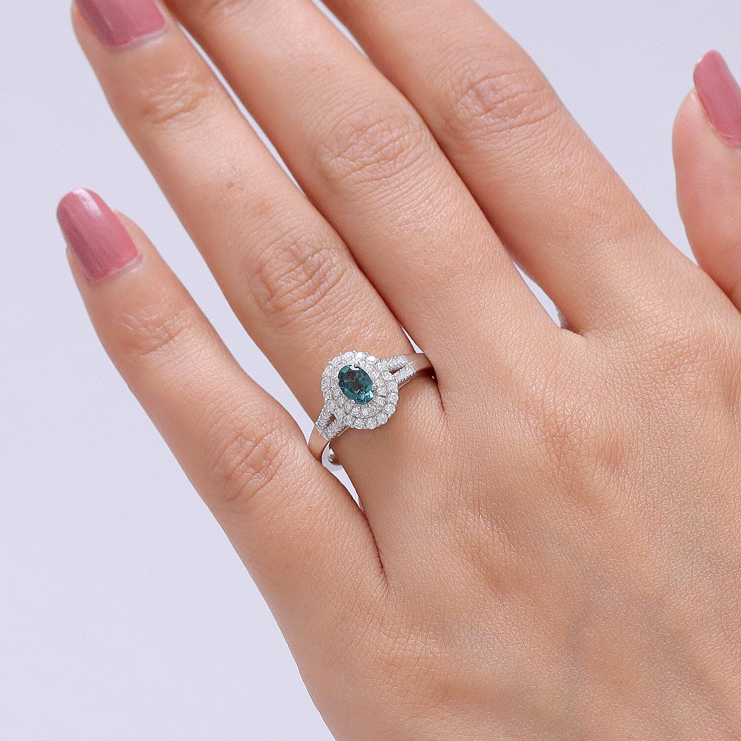D'Joy Monte Belo Indicolite and Moissanite 1.00 ctw Sea Crown Ring in Rhodium Over Sterling Silver (Size 5.0)
