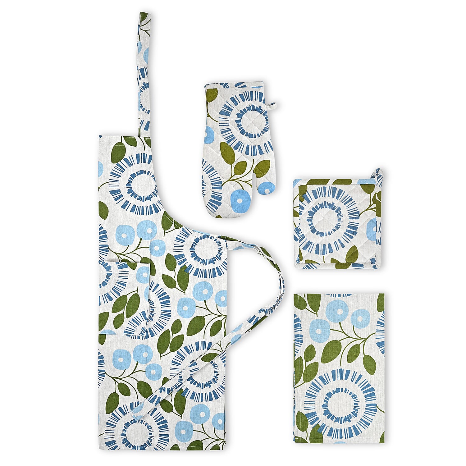 Livmore Blue Floral Design Set of 4 Cotton pcs Kitchen Apron, Glove, Pot Holder and Kitchen Towel