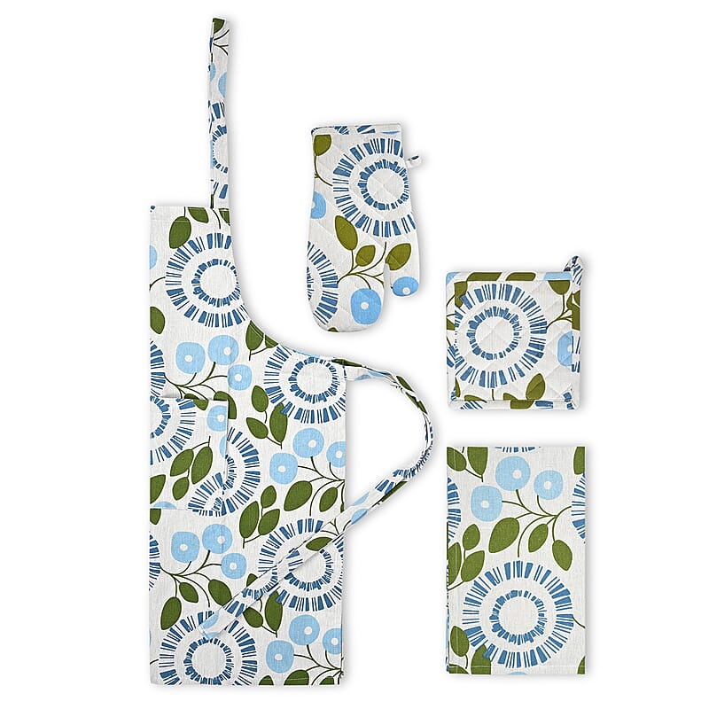Livmore Blue Floral Design Set of 4 Cotton pcs Kitchen Apron, Glove, Pot Holder and Kitchen Towel