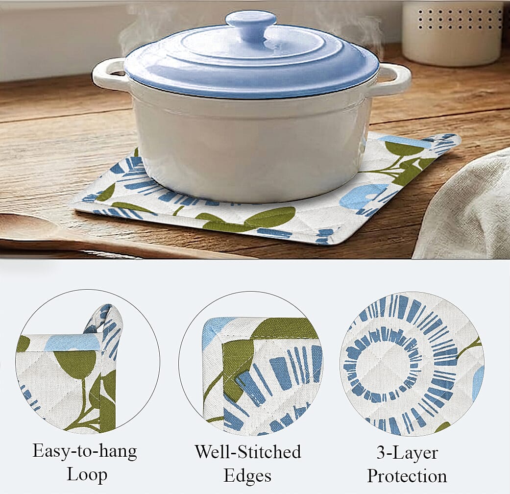 Livmore Blue Floral Design Set of 4 Cotton pcs Kitchen Apron, Glove, Pot Holder and Kitchen Towel