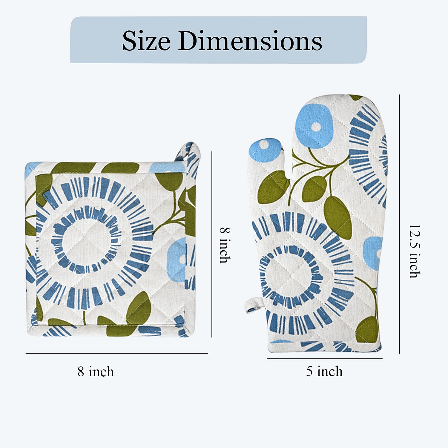 Livmore Blue Floral Design Set of 4 Cotton pcs Kitchen Apron, Glove, Pot Holder and Kitchen Towel