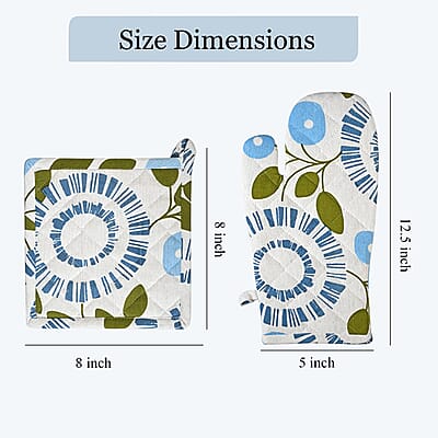 Livmore Blue Floral Design Set of 4 Cotton pcs Kitchen Apron, Glove, Pot Holder and Kitchen Towel