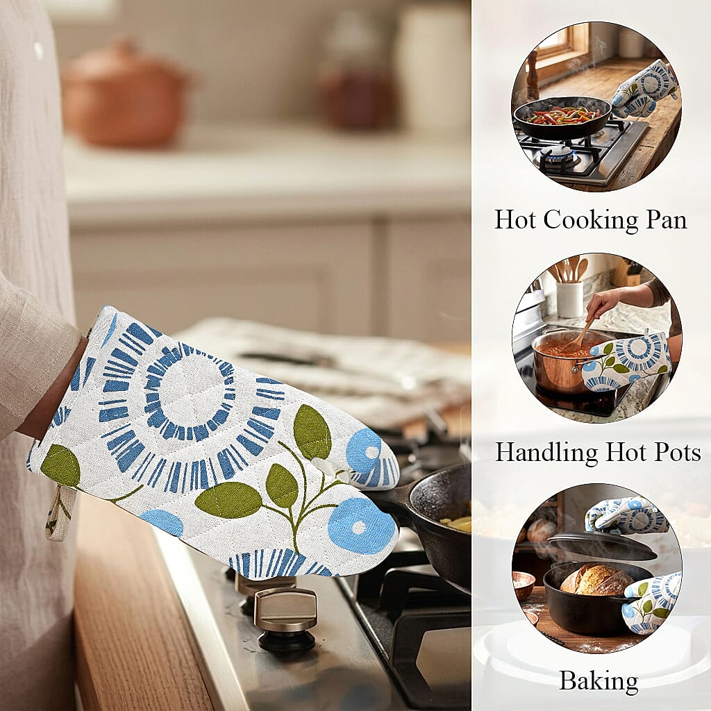 Livmore Blue Floral Design Set of 4 Cotton pcs Kitchen Apron, Glove, Pot Holder and Kitchen Towel
