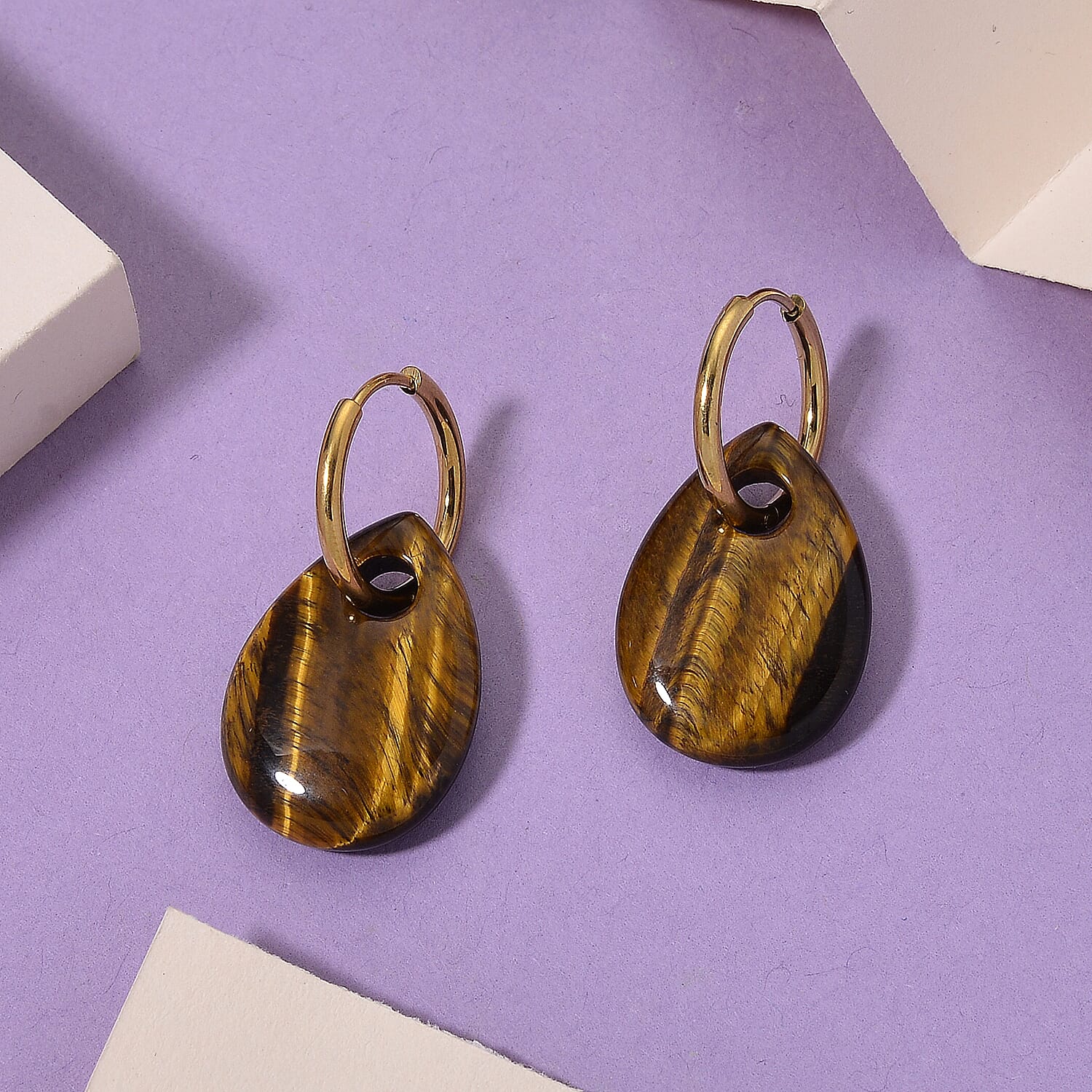 Yellow Tiger's Eye 35.00 ctw Earrings in Goldtone