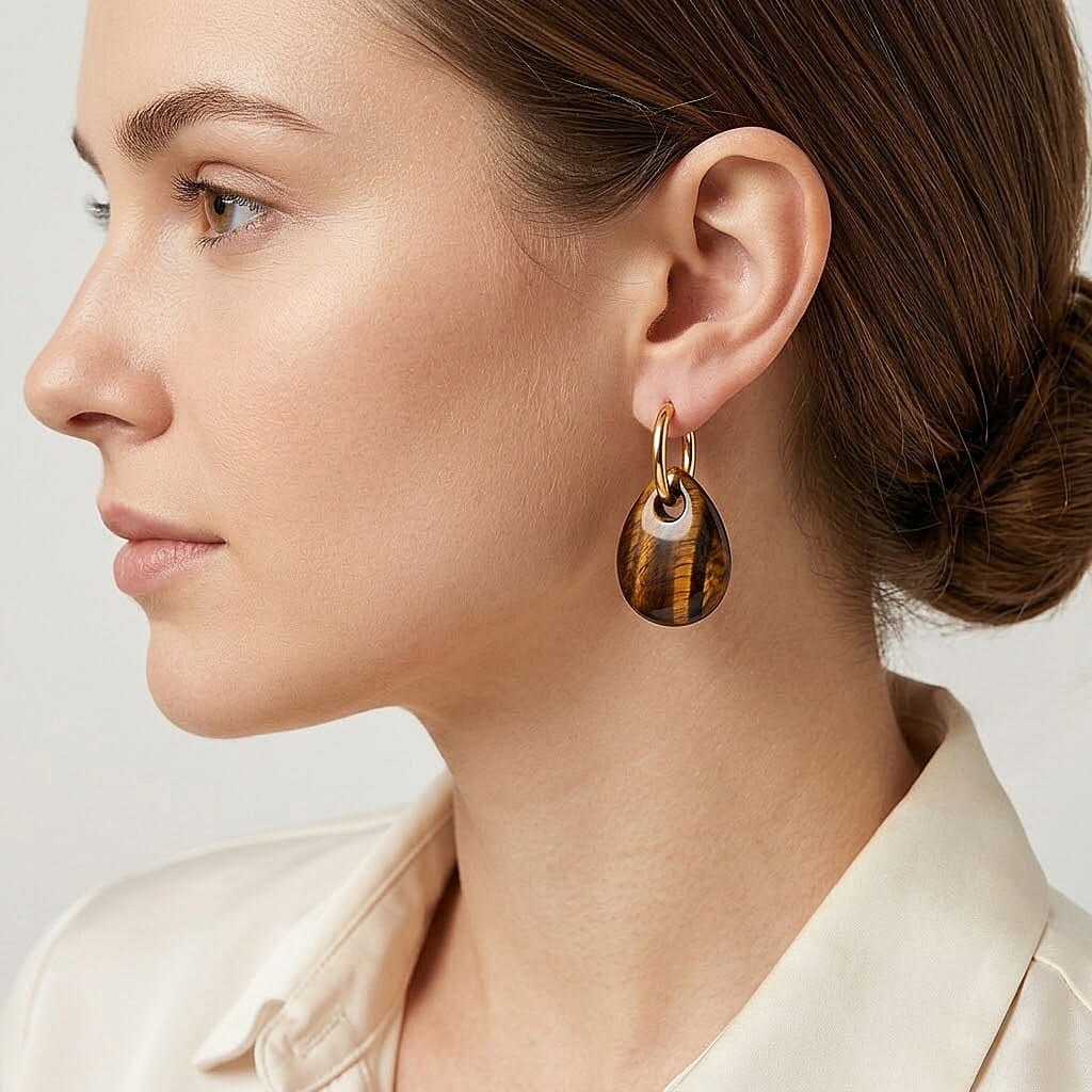 Yellow Tiger's Eye 35.00 ctw Earrings in Goldtone