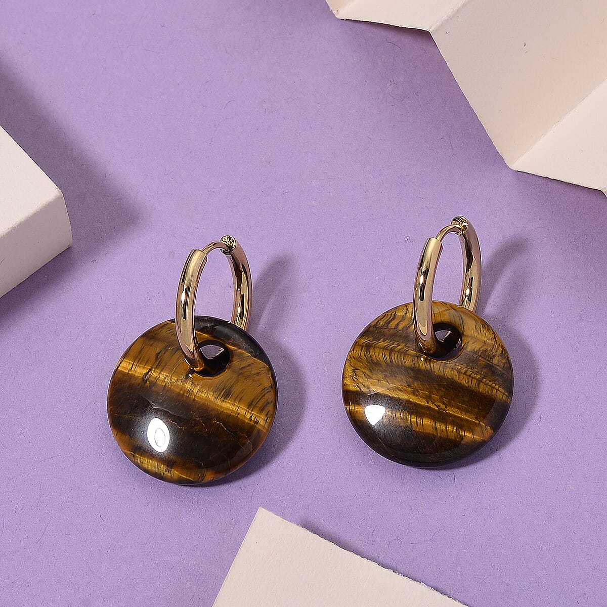 Yellow Tigers Eye 50.00 ctw Earrings in Goldtone image number 1