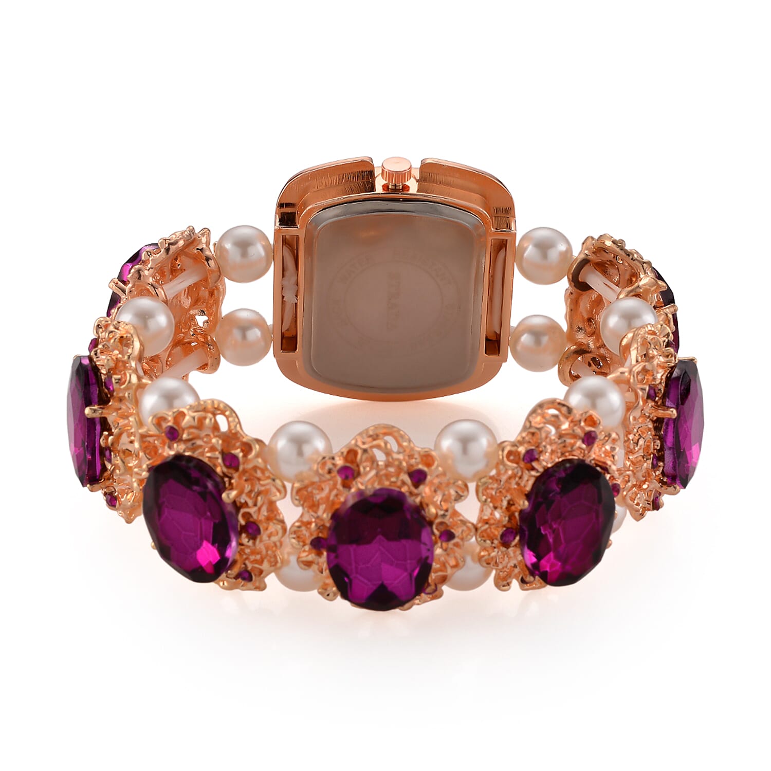 Strada Purple Color Glass, Purple Austrian Crystal and White Color Resin Pearl SL68 Quartz Movement Bracelet Watch in Rosetone