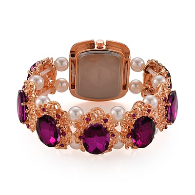 Strada Purple Color Glass, Purple Austrian Crystal and White Color Resin Pearl SL68 Quartz Movement Bracelet Watch in Rosetone