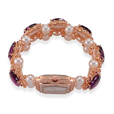 Strada Purple Color Glass, Purple Austrian Crystal and White Color Resin Pearl SL68 Quartz Movement Bracelet Watch in Rosetone