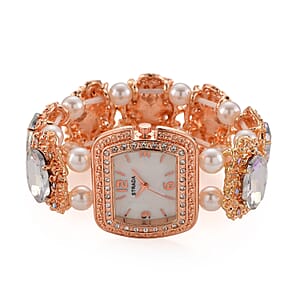 Strada White Aurora Borealis Color Glass, Aurora Borealis Austrian Crystal and White Color Resin Pearl SL68 Quartz Movement Bracelet Watch in Rosetone