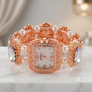 Strada White Aurora Borealis Color Glass, Aurora Borealis Austrian Crystal and White Color Resin Pearl SL68 Quartz Movement Bracelet Watch in Rosetone