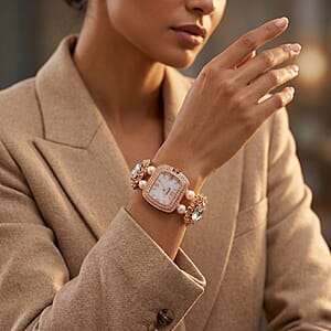 Strada White Aurora Borealis Color Glass, Aurora Borealis Austrian Crystal and White Color Resin Pearl SL68 Quartz Movement Bracelet Watch in Rosetone