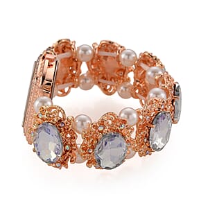 Strada White Aurora Borealis Color Glass, Aurora Borealis Austrian Crystal and White Color Resin Pearl SL68 Quartz Movement Bracelet Watch in Rosetone