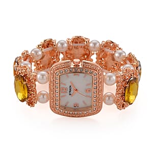 Strada Yellow Color Glass, Yellow Austrian Crystal and White Color Resin Pearl SL68 Quartz Movement Bracelet Watch in Rosetone