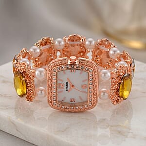 Strada Yellow Color Glass, Yellow Austrian Crystal and White Color Resin Pearl SL68 Quartz Movement Bracelet Watch in Rosetone
