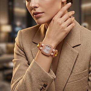 Strada Yellow Color Glass, Yellow Austrian Crystal and White Color Resin Pearl SL68 Quartz Movement Bracelet Watch in Rosetone