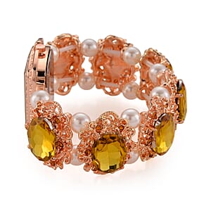 Strada Yellow Color Glass, Yellow Austrian Crystal and White Color Resin Pearl SL68 Quartz Movement Bracelet Watch in Rosetone