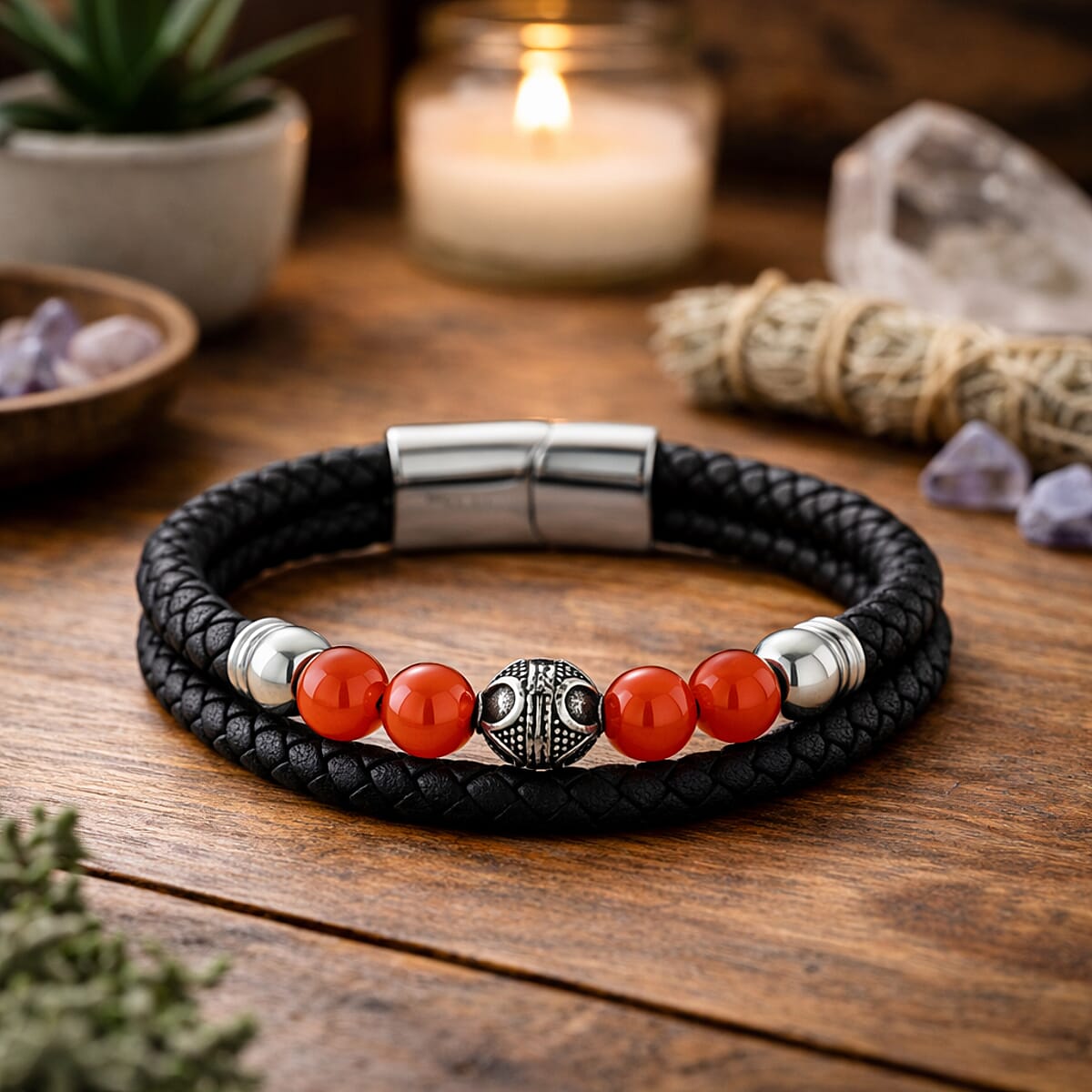 Red Agate 18.00 ctw Beaded Bracelet in Stainless Steel (8.50 In) image number 1