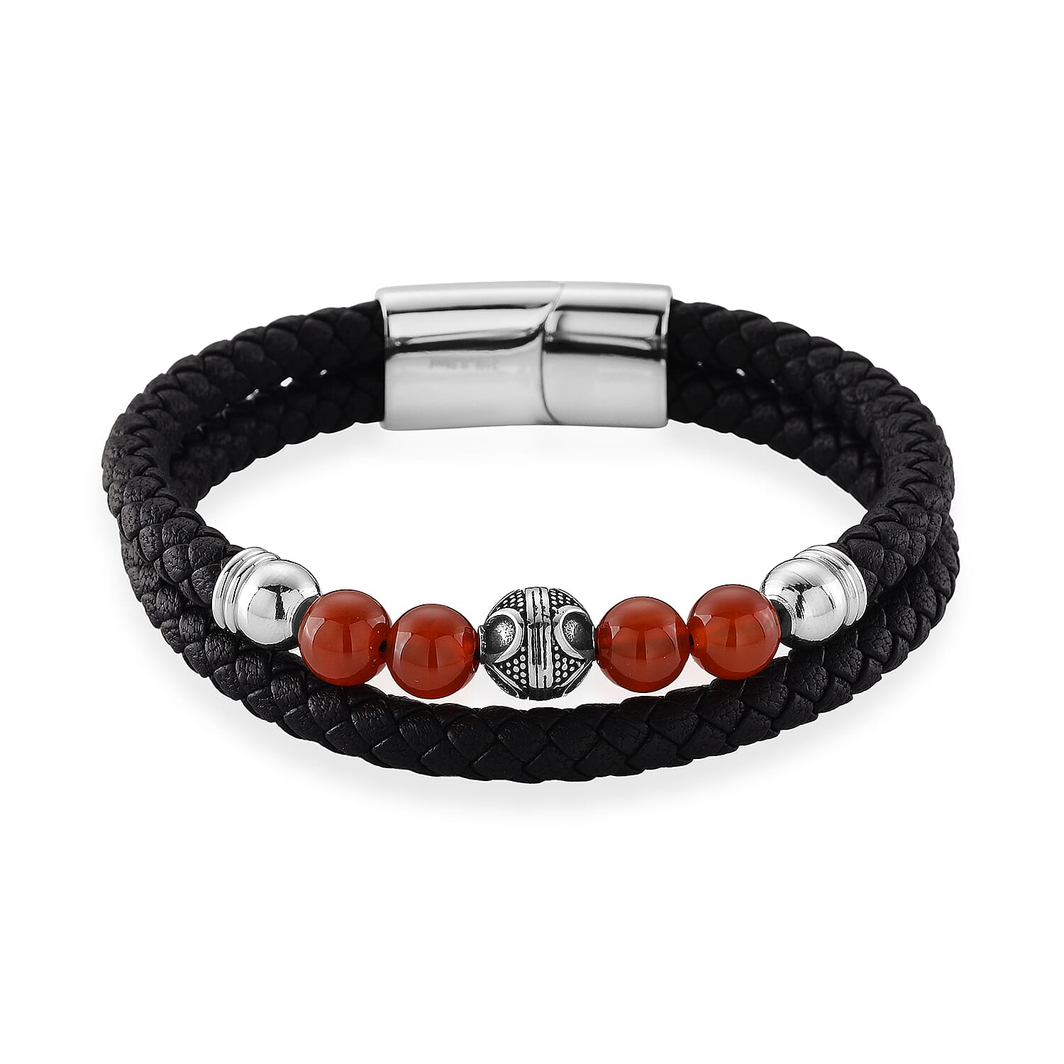 Red Agate 18.00 ctw Beaded Bracelet in Stainless Steel (8.50 In)