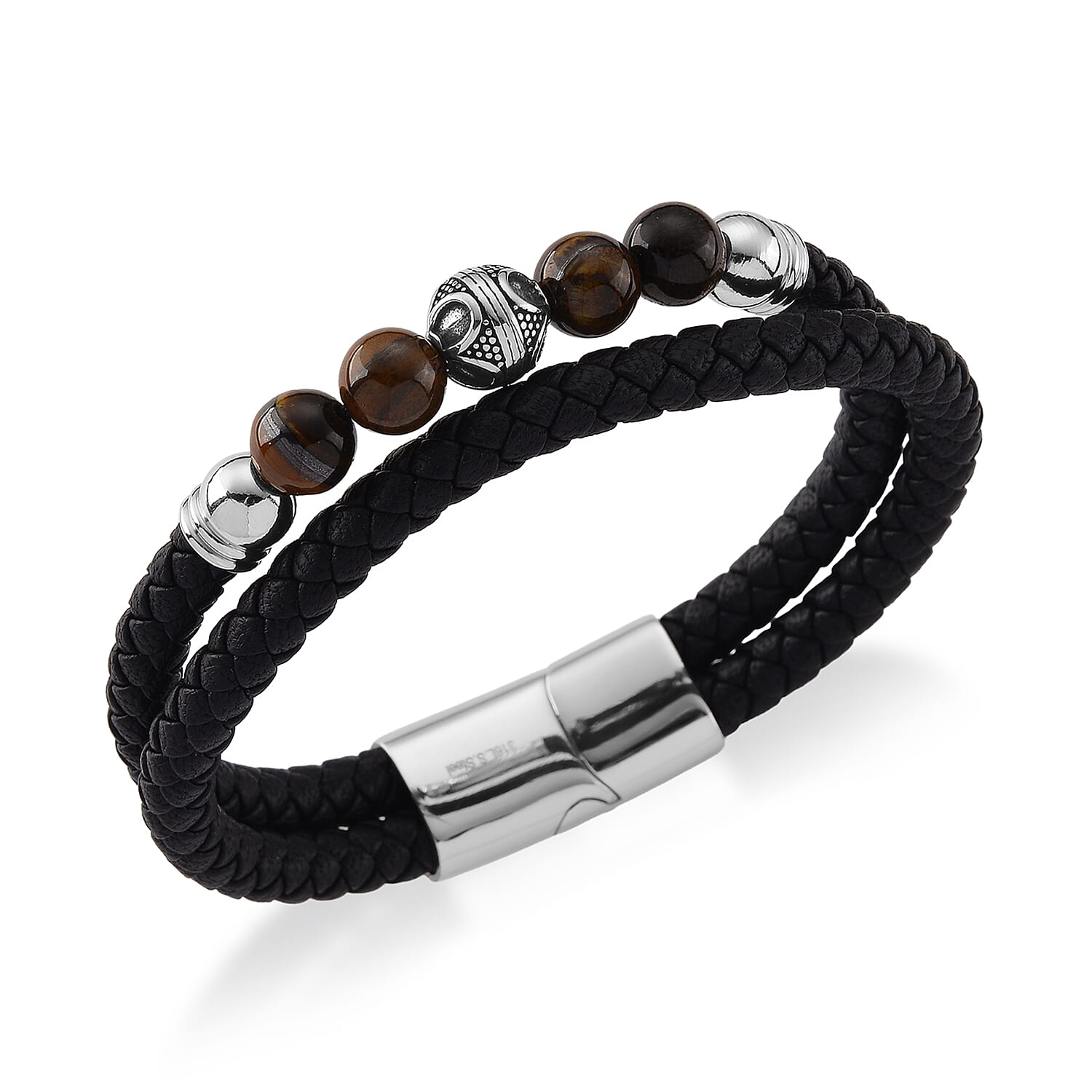 Yellow Tigers Eye 18.00 ctw Beaded Two Row Bracelet in Stainless Steel
