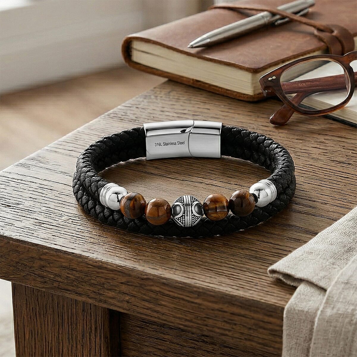 Yellow Tigers Eye 18.00 ctw Beaded Bracelet in Stainless Steel (8.50 In) image number 1