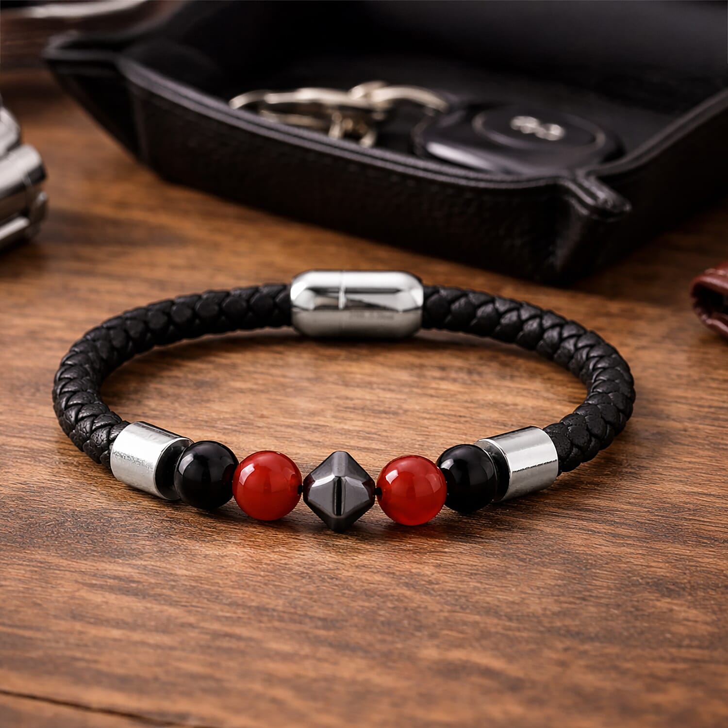 Red Agate 18.00 ctw Orbit Beaded Bracelet in Stainless Steel
