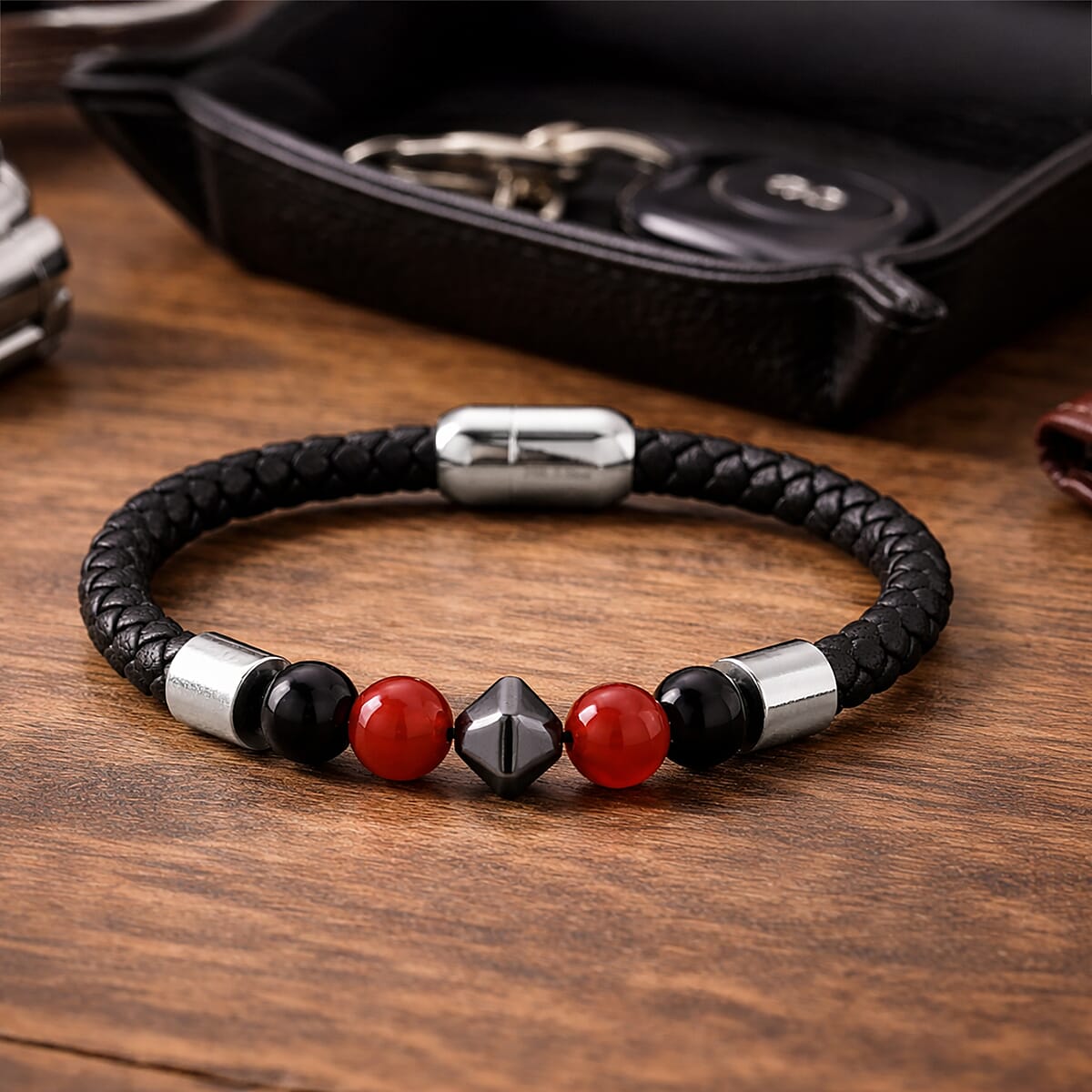 Red Agate 18.00 ctw Beaded Bracelet in Stainless Steel (8.50 In) image number 1