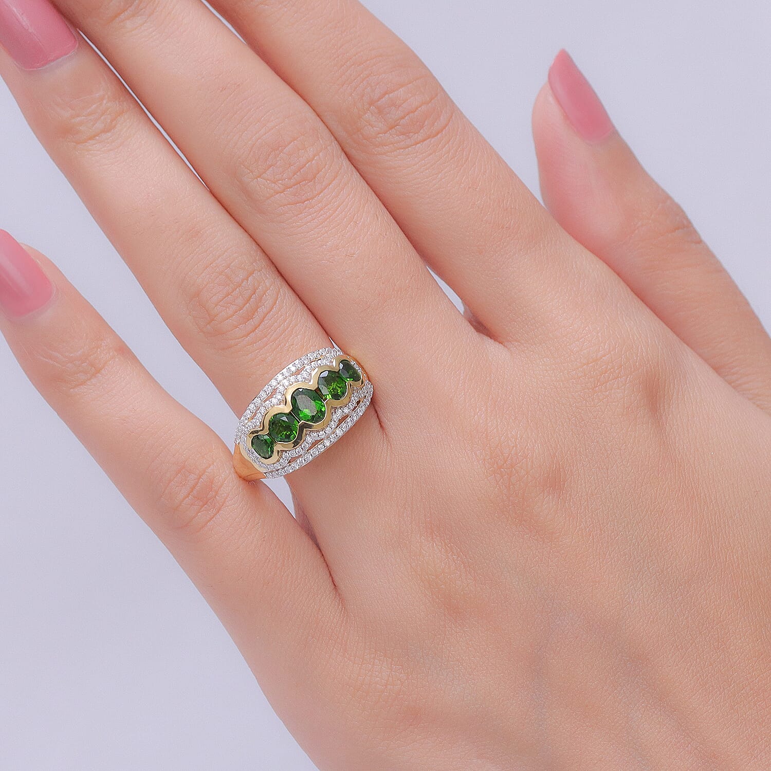 D'Joy Chrome Diopside and Moissanite 2.10 ctw Bloom Line Halo Ring in 18K Vermeil Yellow Gold Over Sterling Silver (Size 10.0)
