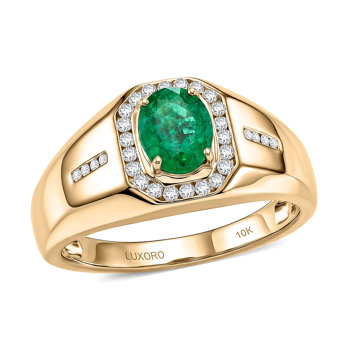 Luxoro 10K Green Gold AAA Kagem Zambian Emerald, Diamond (I2) (0.25 cts) Men's Ring (Size 10.0) (5.50 g) 1.30 ctw