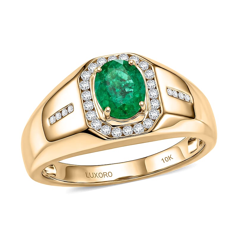 Luxoro AAA Kagem Zambian Emerald and Diamond I2 1.30 ctw Men's Ring in 10K Green Gold (Size 11.0) 5.50 Grams