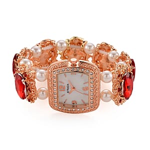Strada Red Color Glass, Red Austrian Crystal and White Color Resin Pearl SL68 Quartz Movement Bracelet Watch in Rosetone