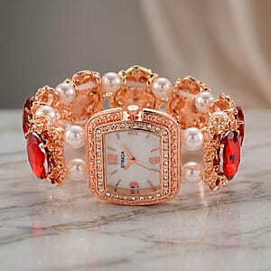 Strada Red Color Glass, Red Austrian Crystal and White Color Resin Pearl SL68 Quartz Movement Bracelet Watch in Rosetone