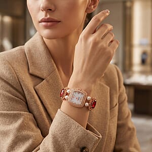 Strada Red Color Glass, Red Austrian Crystal and White Color Resin Pearl SL68 Quartz Movement Bracelet Watch in Rosetone