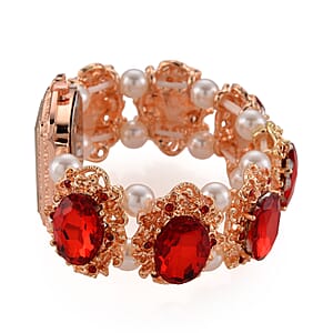 Strada Red Color Glass, Red Austrian Crystal and White Color Resin Pearl SL68 Quartz Movement Bracelet Watch in Rosetone