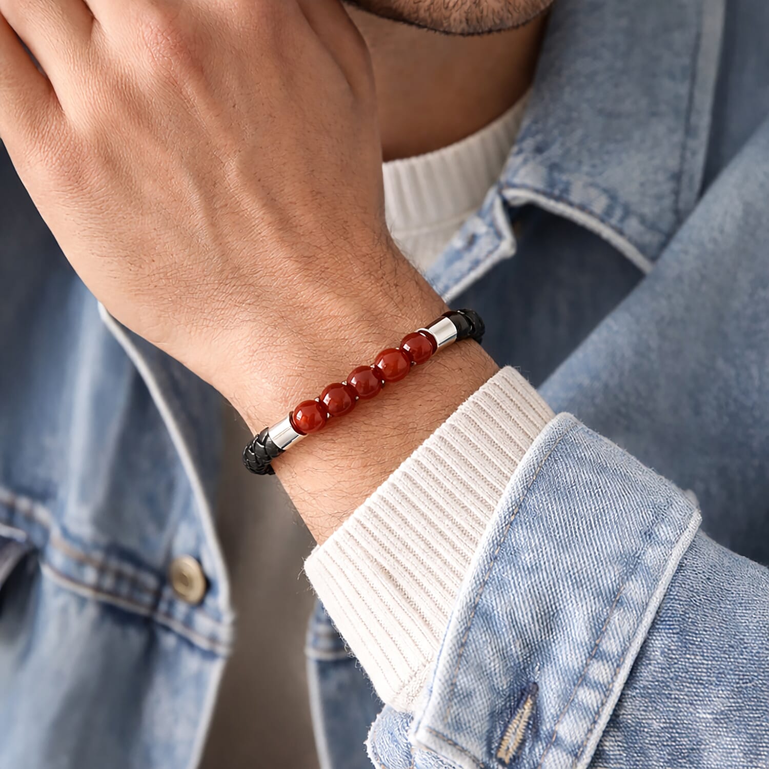 Red Agate 15.00 ctw Beaded Bracelet in Stainless Steel (8.25 In)