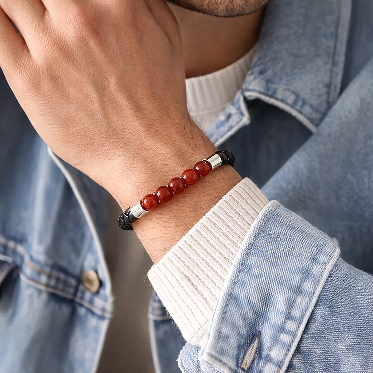 Red Agate 15.00 ctw Beaded Bracelet in Stainless Steel (8.25 In) image number 1