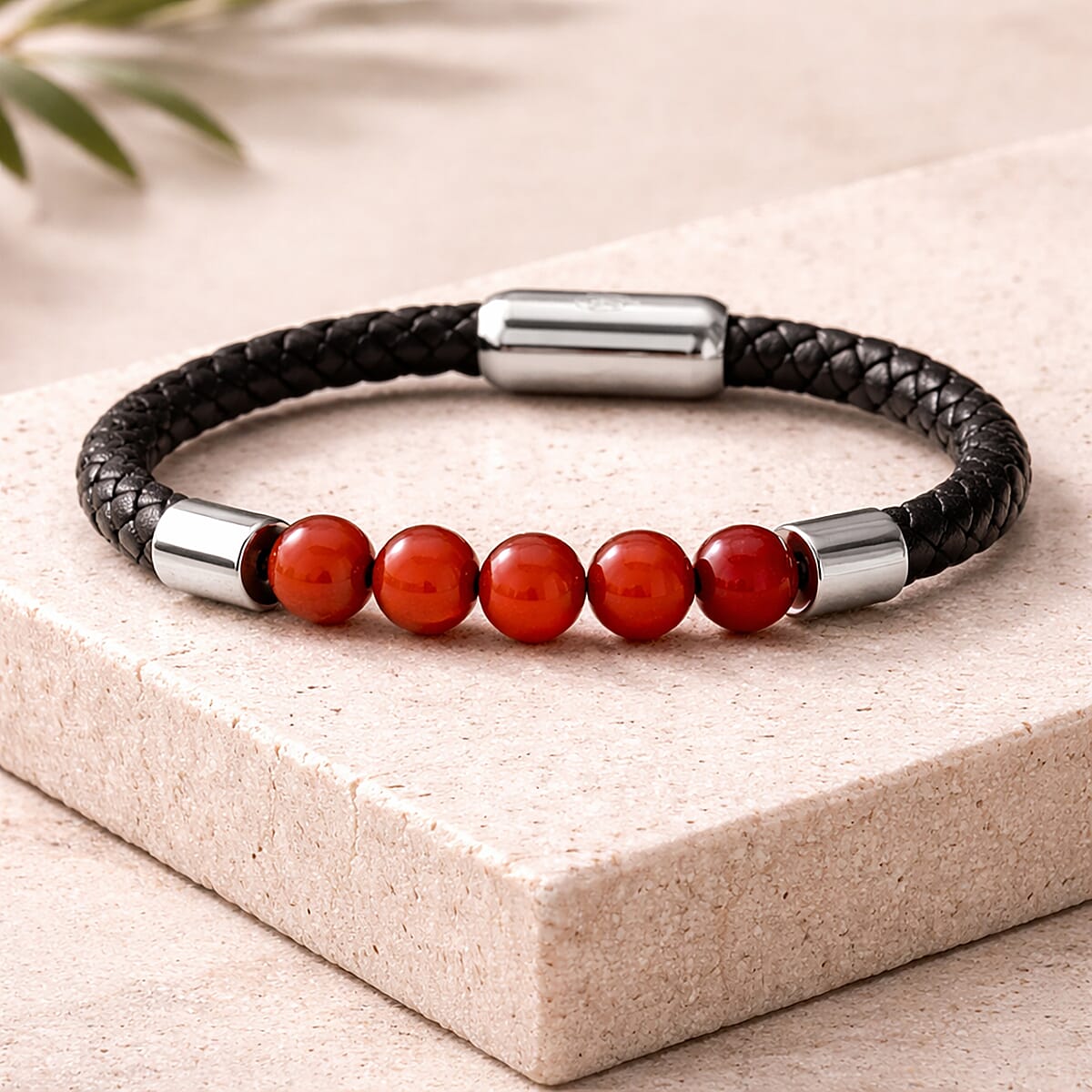 Red Agate 15.00 ctw Beaded Bracelet in Stainless Steel (8.25 In) image number 2