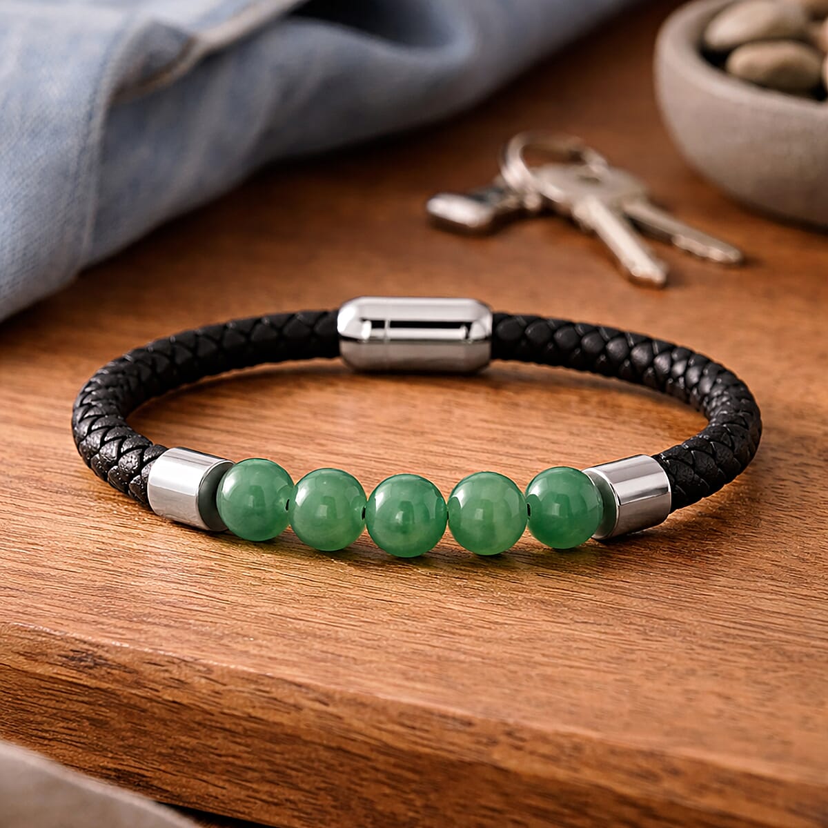 Green Aventurine 15.00 ctw Beaded Bracelet in Stainless Steel (8.25 In) image number 2