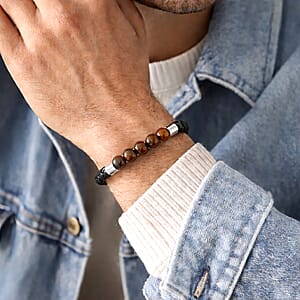 Yellow Tigers Eye 15.00 ctw Beaded Bracelet in Stainless Steel (8.25 In)