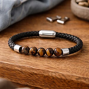 Yellow Tigers Eye 15.00 ctw Beaded Bracelet in Stainless Steel (8.25 In)