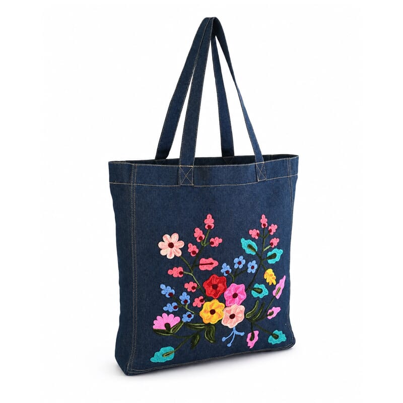 La Marey Light Blue Embroidered Denim Tote Bag