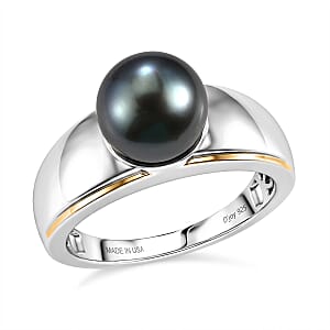 D'Joy Premium Tahitian Pearl Men's Ring in 18K Vermeil Yellow Gold Over and Rhodium Over Sterling Silver (Size 10.0)