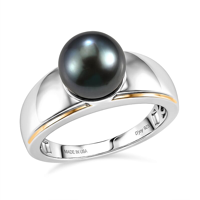 D'Joy Premium Tahitian Pearl Men's Ring in 18K Vermeil Yellow Gold Over and Rhodium Over Sterling Silver (Size 10.0)