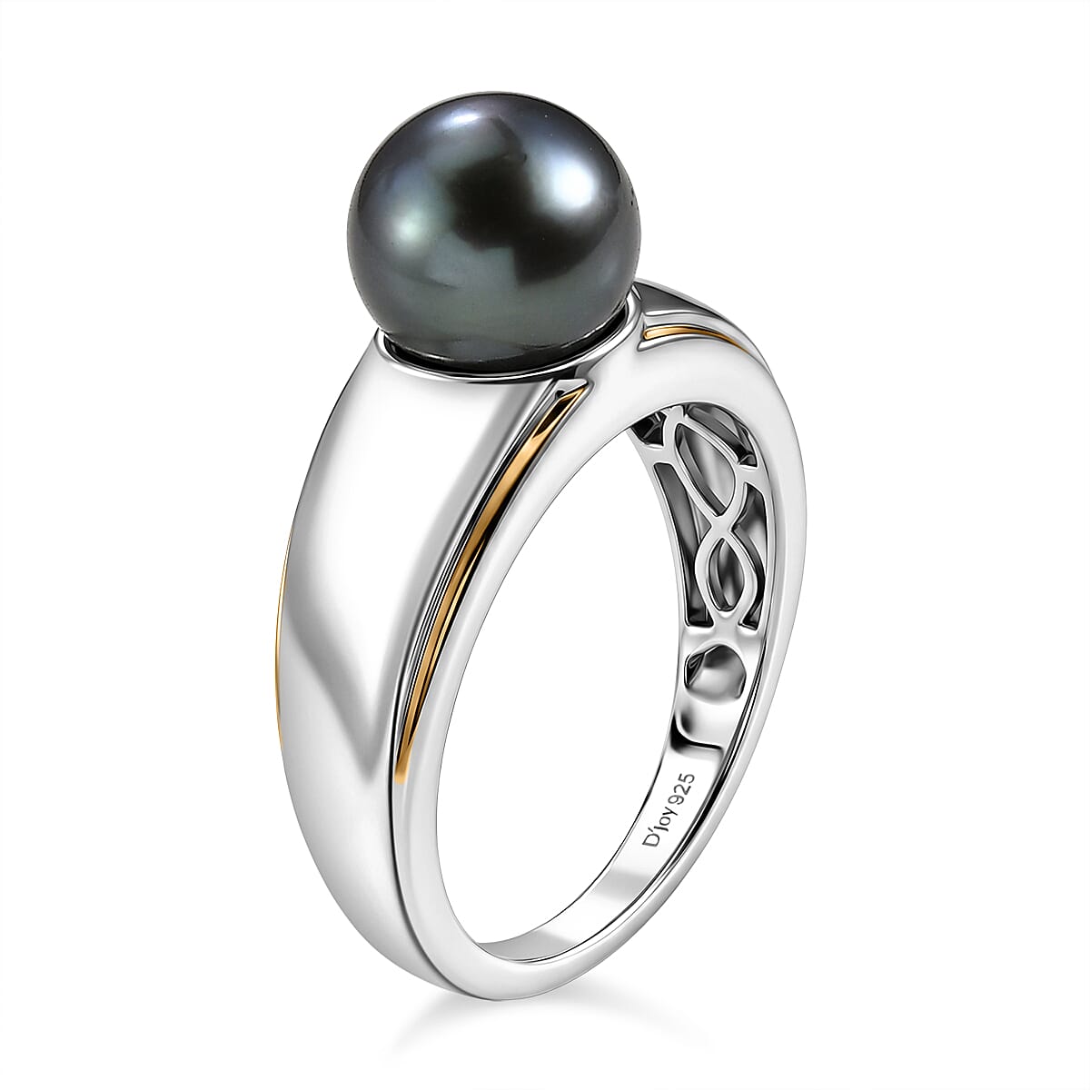 D'Joy Premium Tahitian Pearl Men's Ring in 18K Vermeil Yellow Gold Over and Rhodium Over Sterling Silver (Size 10.0)