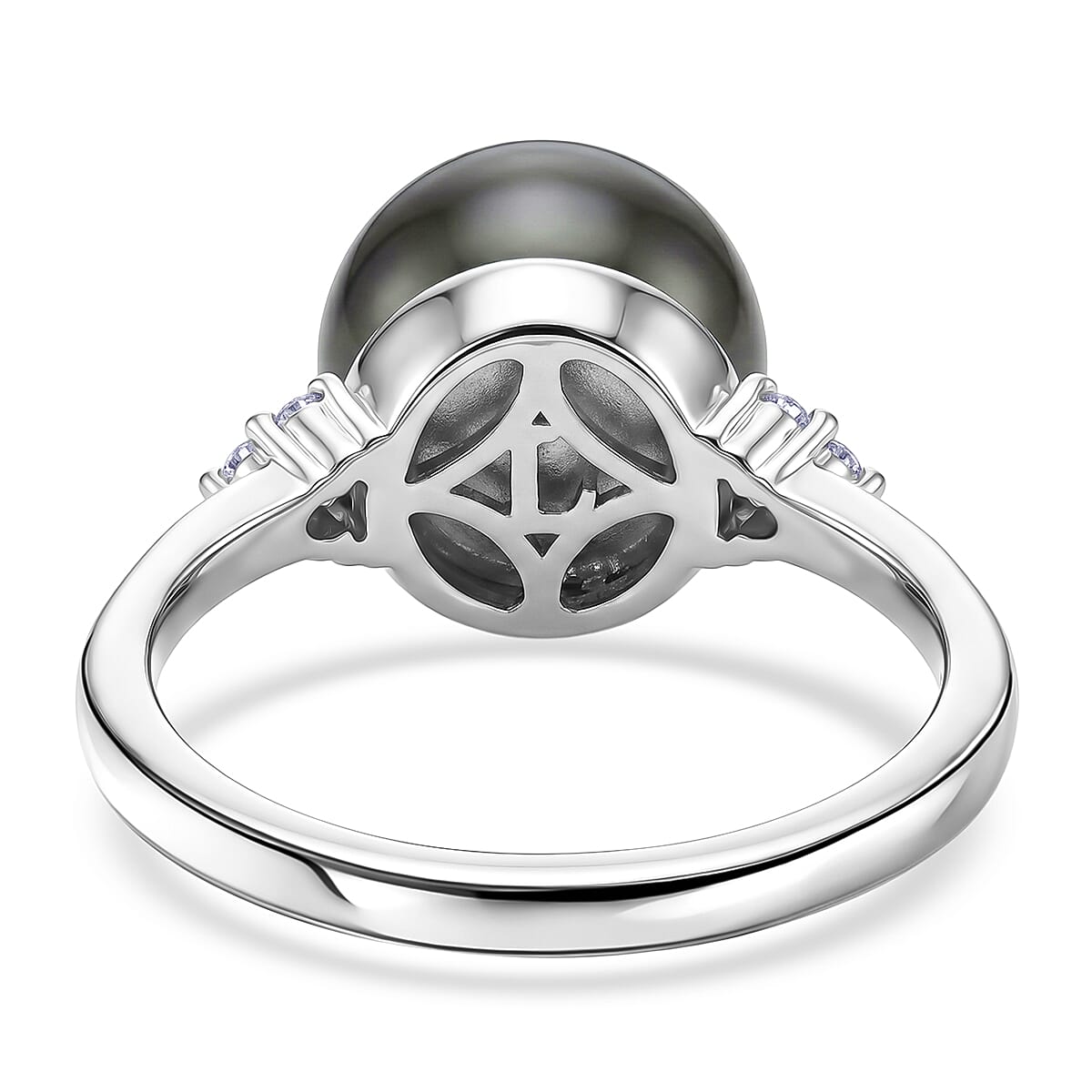 Premium Tahitian Pearl and Luxuriant Lab Grown Diamond 0.10 ctw Celestial Orbit Ring in Rhodium Over Sterling Silver (Size 10.0)
